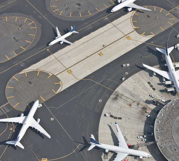 Aerial view of airplanes on tarmac
